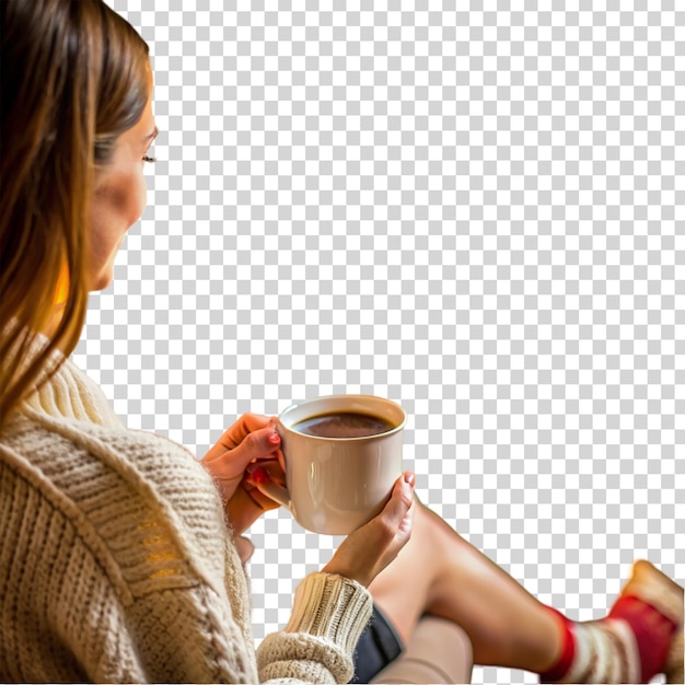 A woman in a white sweater holding a cup of coffee on transparent background