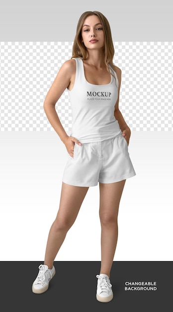 Woman in a white tank top mockup on isolated background