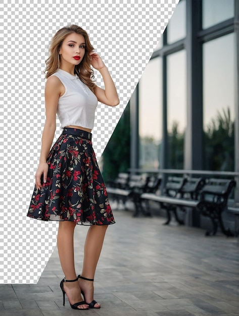 PSD a woman in a white top and a skirt with a red lipstick