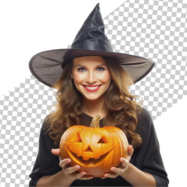 PSD a woman in a witch hat is posing next to a pumpkin