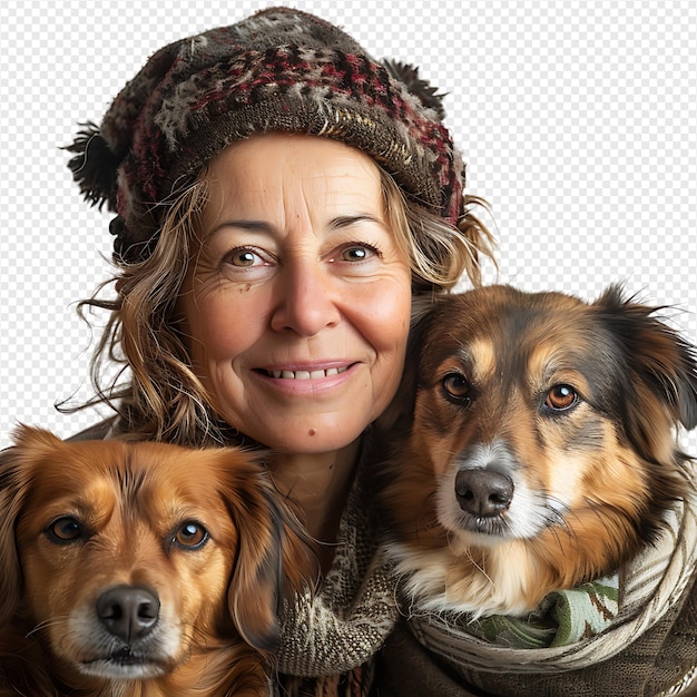 PSD woman with 2 pet dogs on isolated transparent background