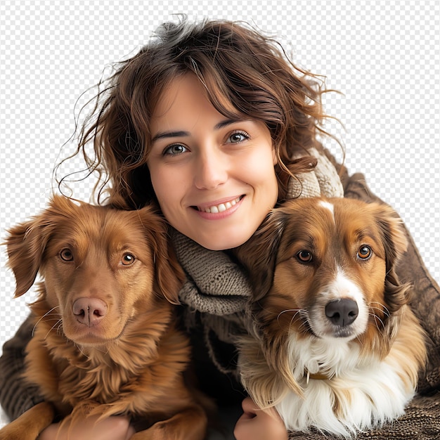 Woman with 2 pet dogs on isolated transparent background