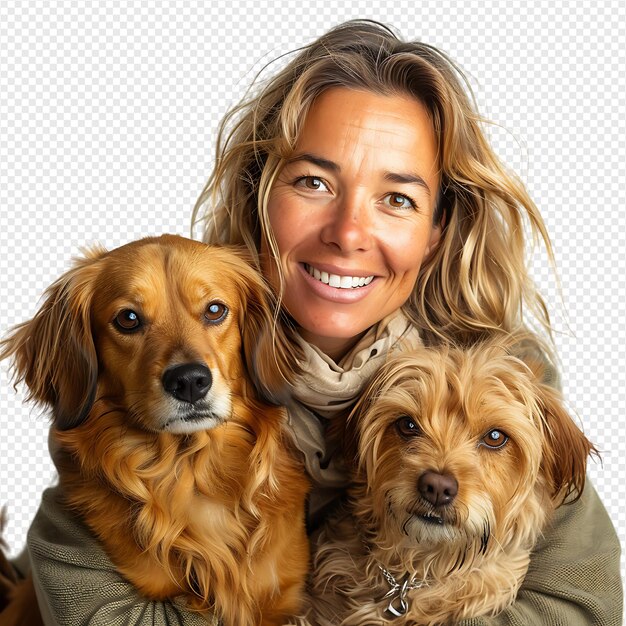 PSD woman with 2 pet dogs on isolated transparent background