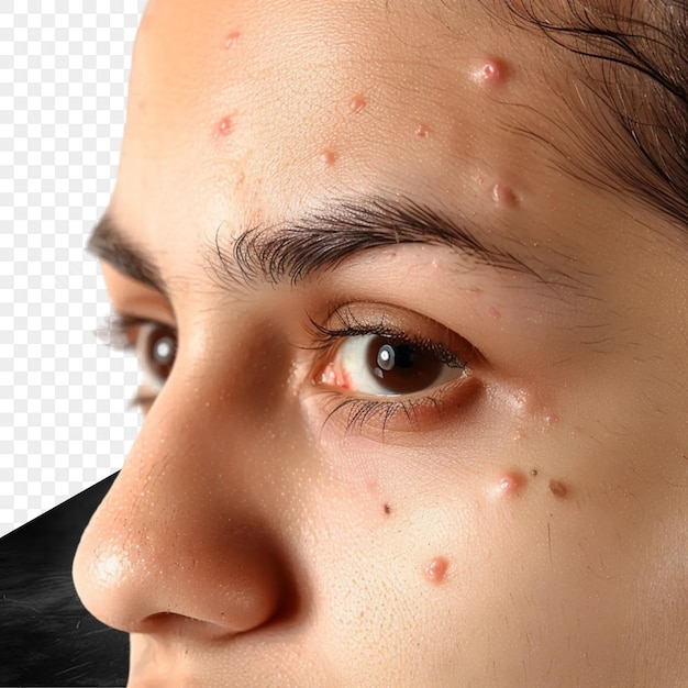 PSD a woman with acne marks on her face and the eye is covered in acrylic