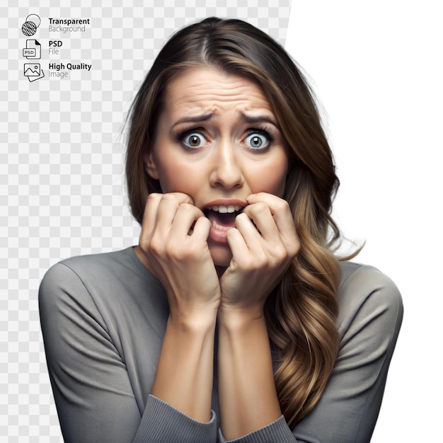 Woman With Anxious Expression Holding Hands to Mouth Indoors During Daytime