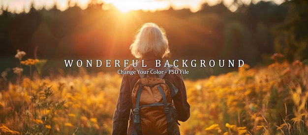 Woman with a Backpack Walks Towards a Sunset