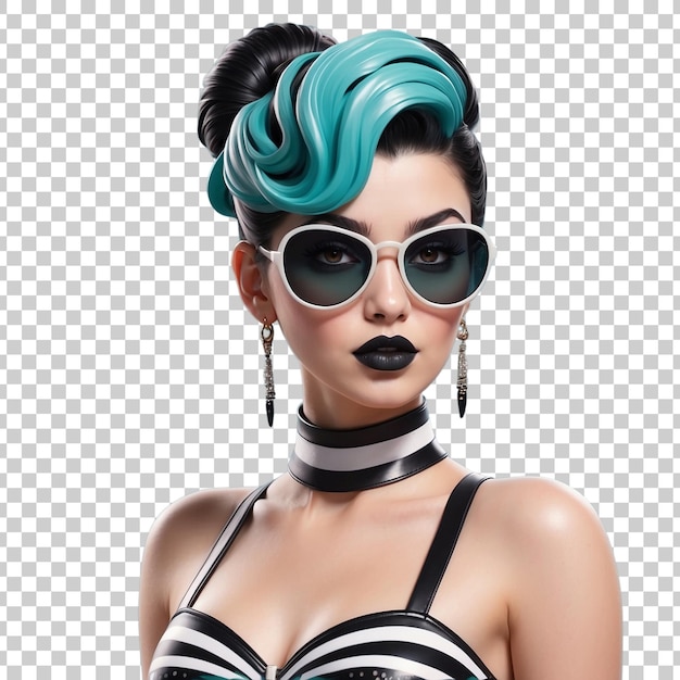 a woman with a black hair and a blue and green hair wearing sunglasses