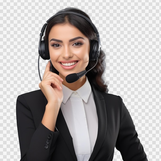 Woman with black hair with headphones and call center on transparency background PSD