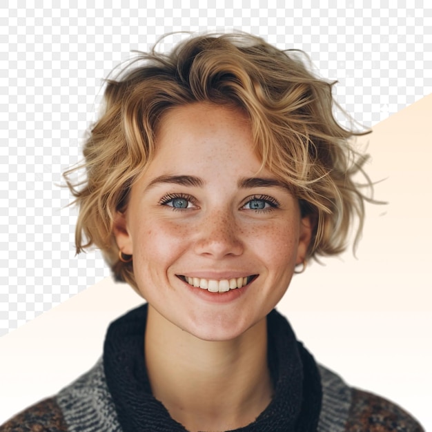 PSD a woman with blonde hair and a black sweater on her head