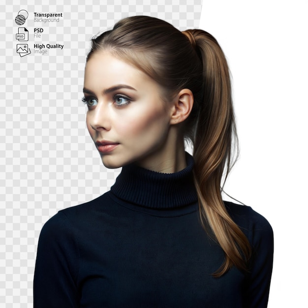 PSD woman with blonde hair in a black turtleneck looking to the side on transparent background