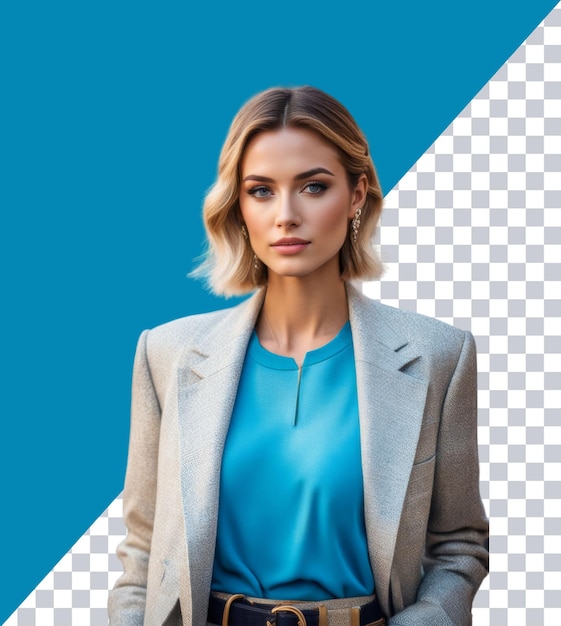 a woman with blonde hair and a blue shirt stands in front of a blue background