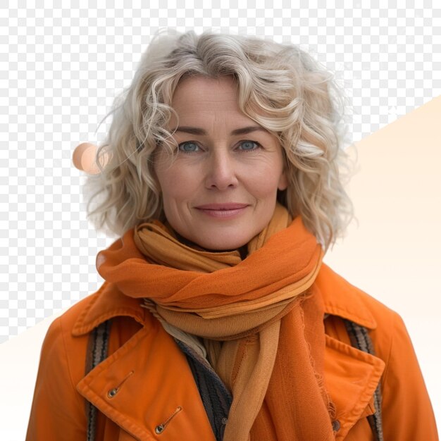 PSD a woman with blonde hair and orange scarf stands in front of a transparent background