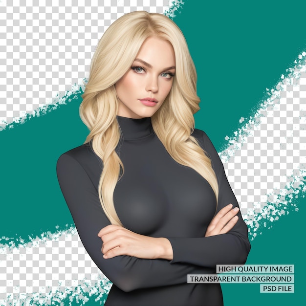 PSD a woman with blonde hair stands in front of a green background