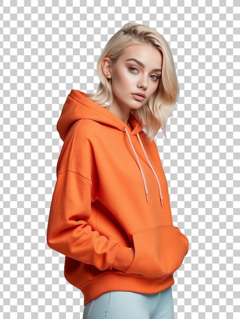 a woman with blonde hair wearing an orange hoodie