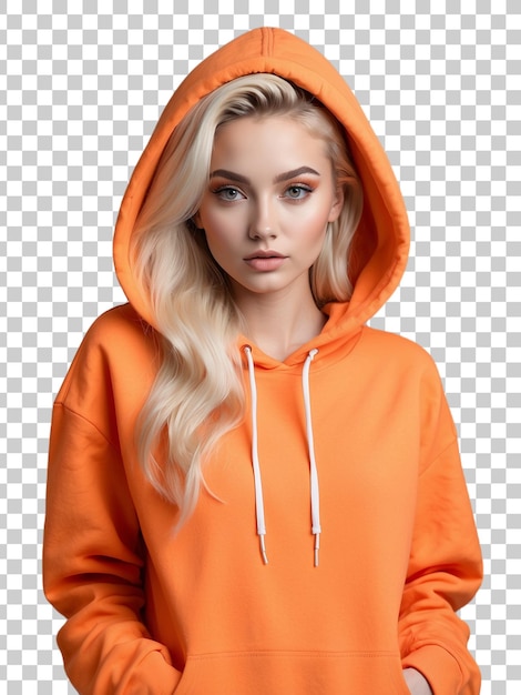 PSD a woman with blonde hair wearing an orange hoodie