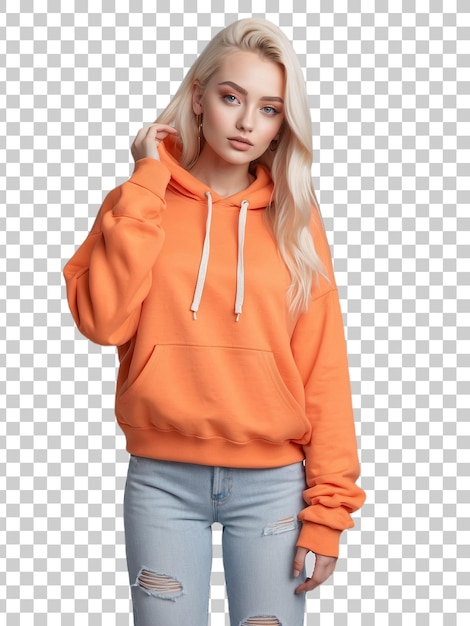 a woman with blonde hair wearing an orange hoodie