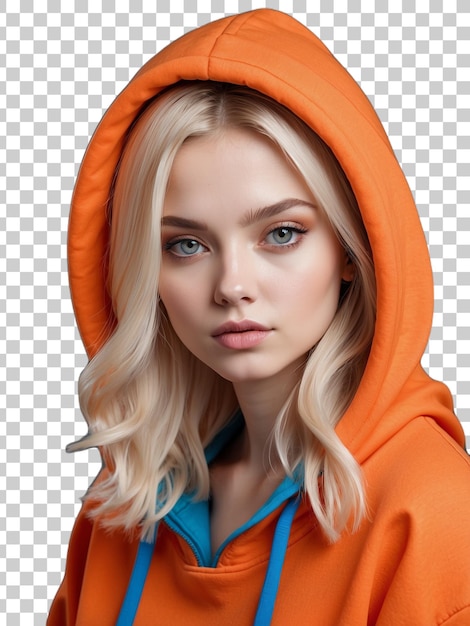 PSD a woman with blonde hair wearing an orange hoodie