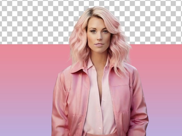 woman with blonde hair wearing pink jacket