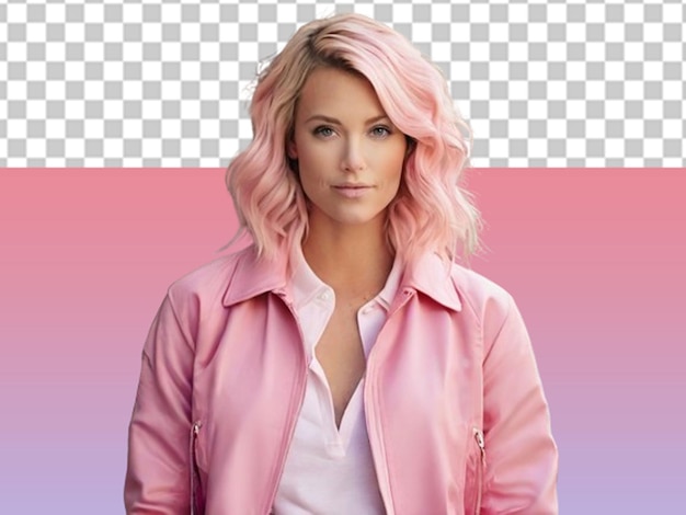 woman with blonde hair wearing pink jacket