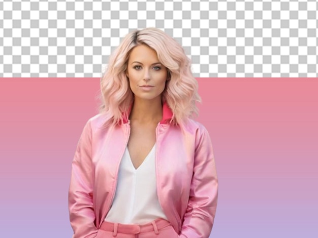 woman with blonde hair wearing pink jacket