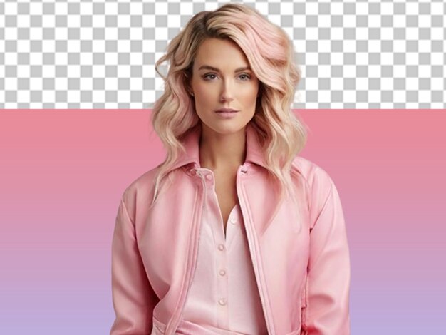 woman with blonde hair wearing pink jacket