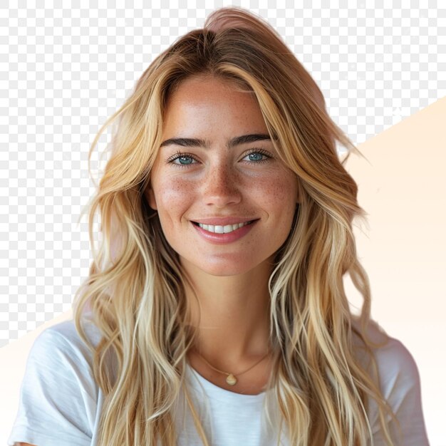 PSD a woman with blonde hair and a white t shirt is smiling