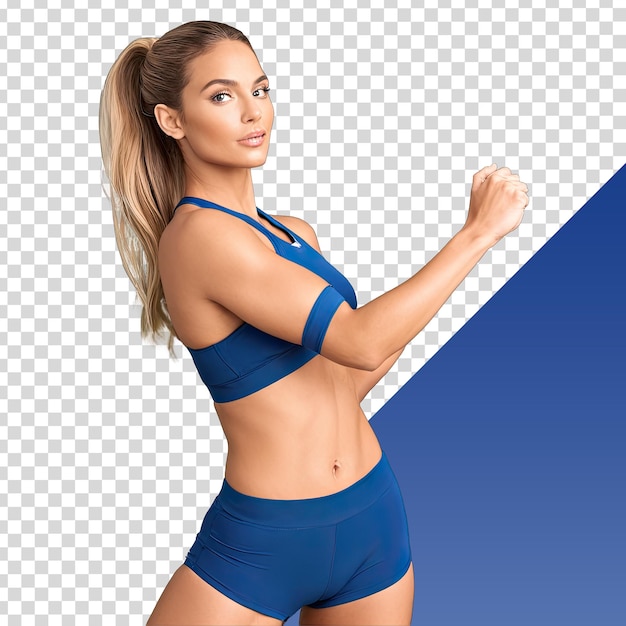 PSD a woman with a blue bikini top is standing in front of a blue background