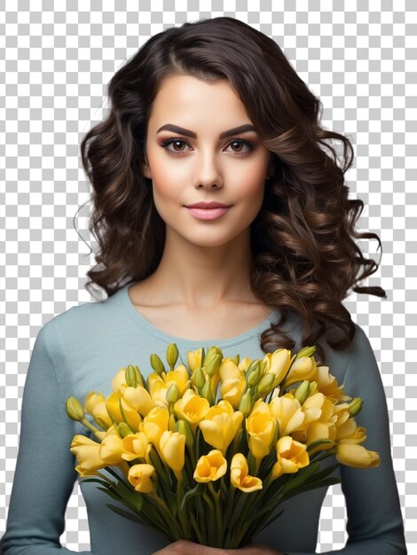 PSD a woman with a bouquet of yellow tulips