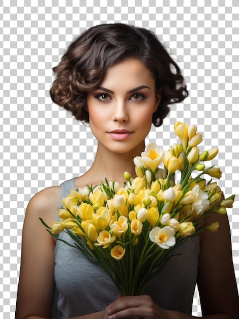 PSD a woman with a bouquet of yellow tulips