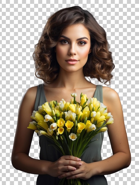 PSD a woman with a bouquet of yellow tulips