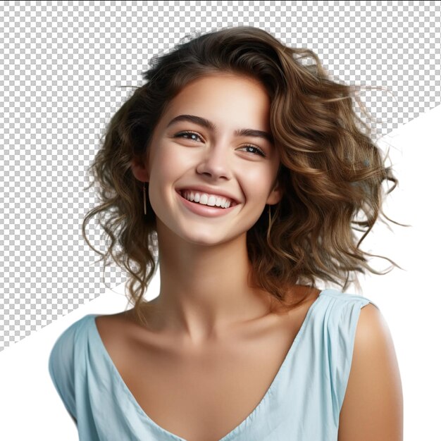 a woman with brown hair and a blue shirt with a white background