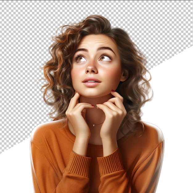 a woman with brown hair and a brown shirt is looking up with her hand on her chin