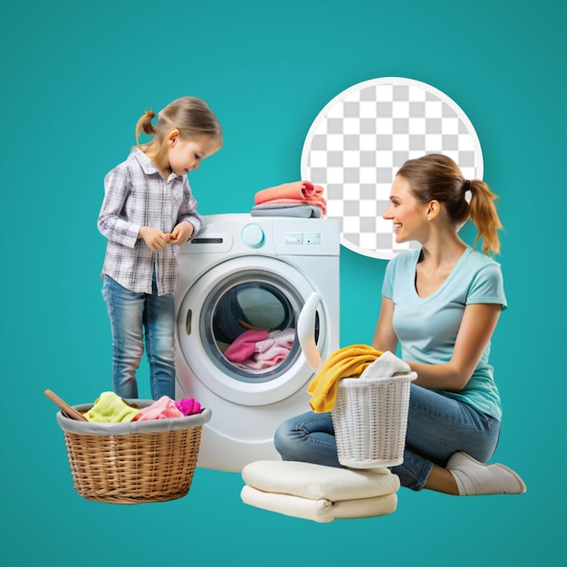 PSD woman with child near washing machine