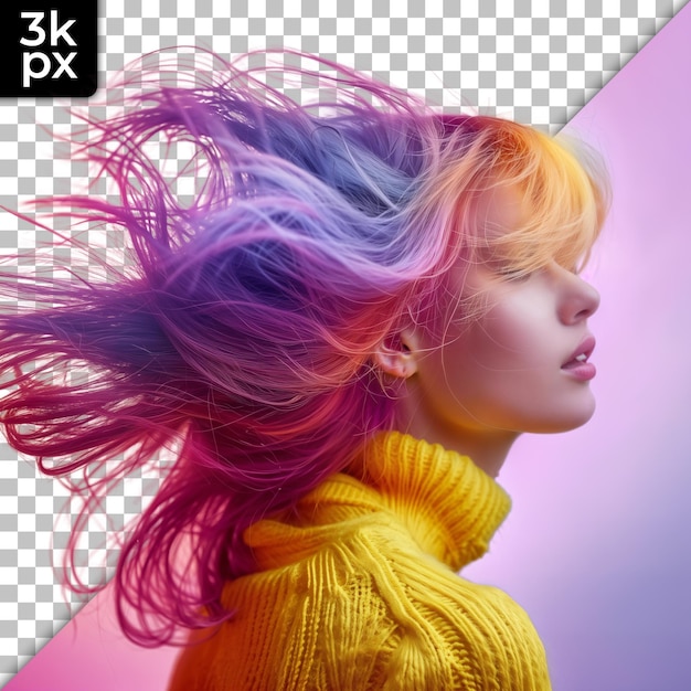 PSD a woman with colorful hair is standing in front of a grid that says  xm