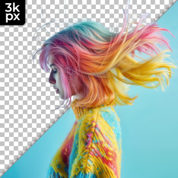 PSD a woman with colorful hair wearing a yellow top with the letters pkx on it