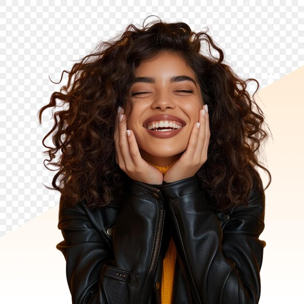 PSD a woman with curly hair and a black jacket is smiling and smiling