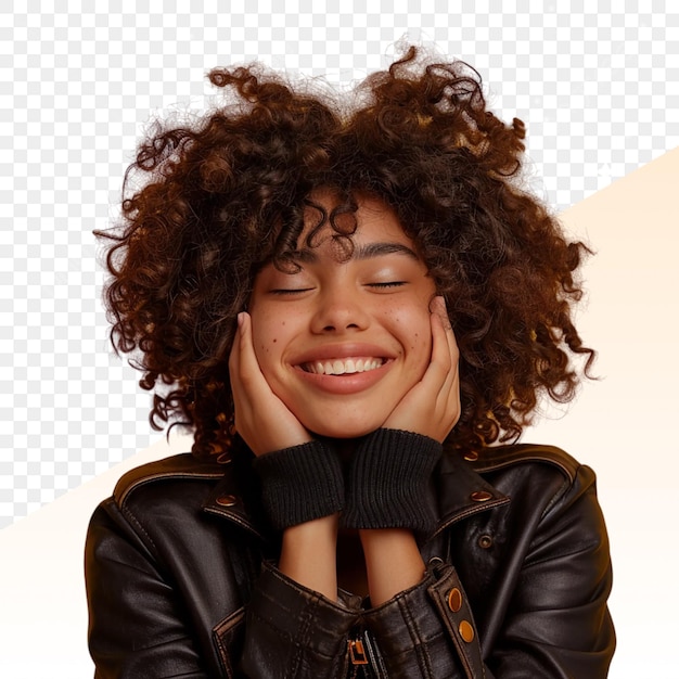 PSD a woman with curly hair and a black jacket is smiling and smiling