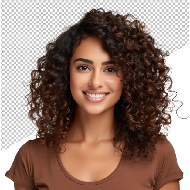 a woman with curly hair and a brown shirt with a white background