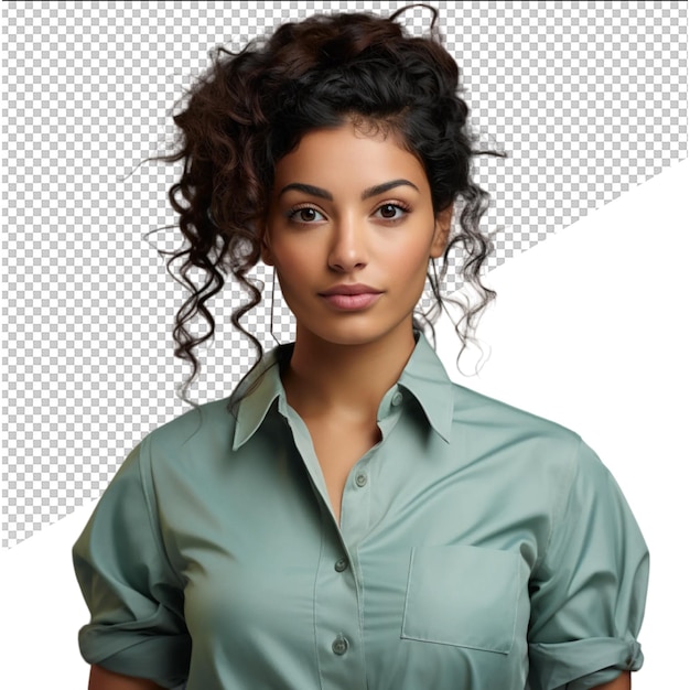 a woman with curly hair and a green shirt is standing in front of a white background