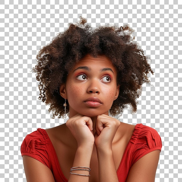 PSD a woman with curly hair is looking up at the camera with a pensive expression