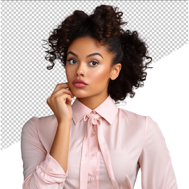 a woman with curly hair and a pink shirt is posing for a photo