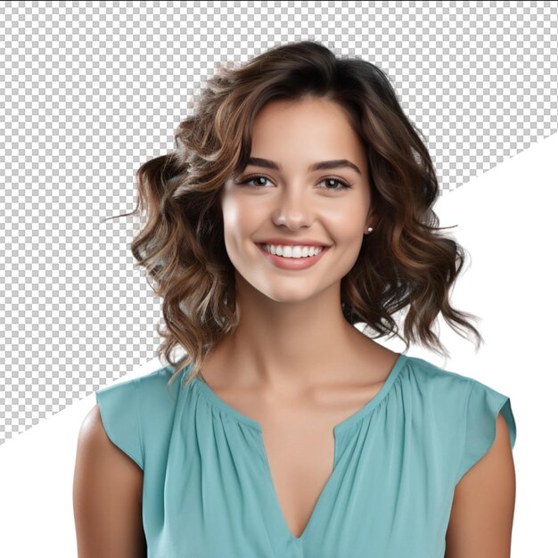 a woman with curly hair smiles in front of a white background