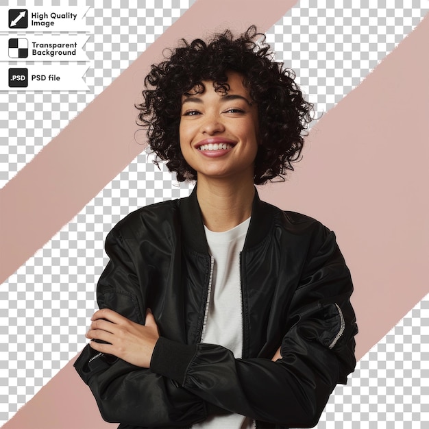 a woman with curly hair stands in front of a pink and white background