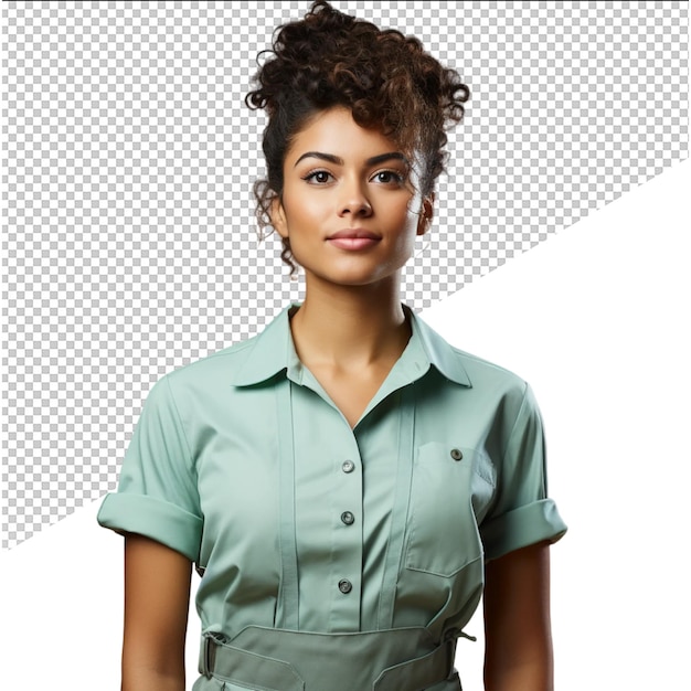 a woman with curly hair stands in front of a white background