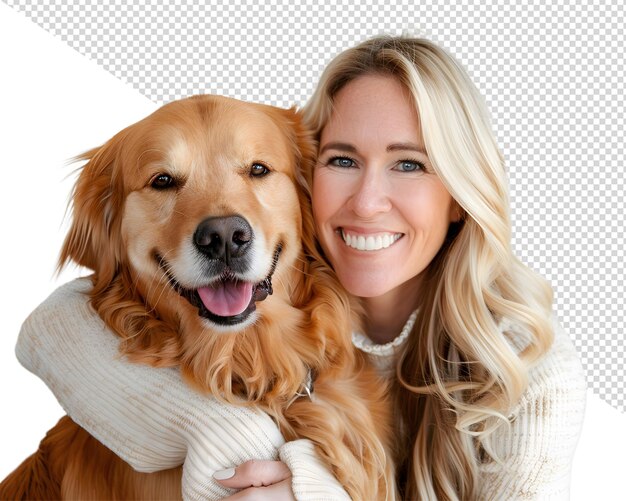 PSD a woman with a dog and a white sweater that says  the dog is smiling