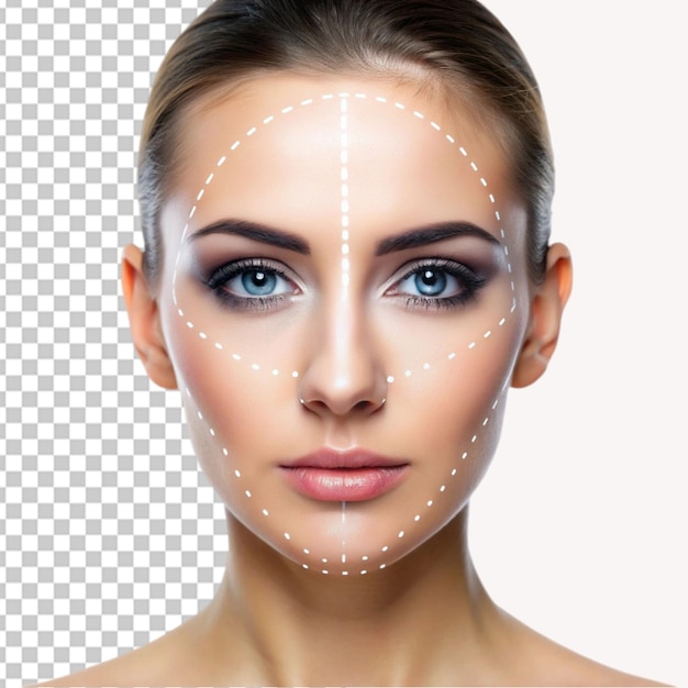 Woman with dotted lines on face on transparent background