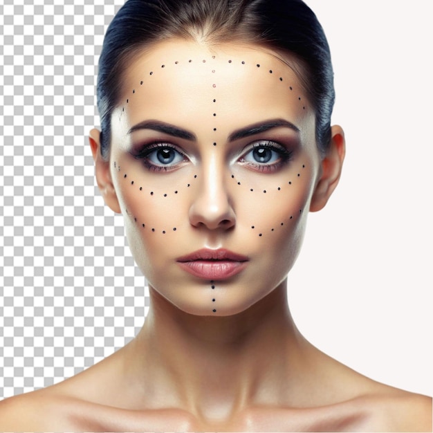 Woman with dotted lines on face on transparent background