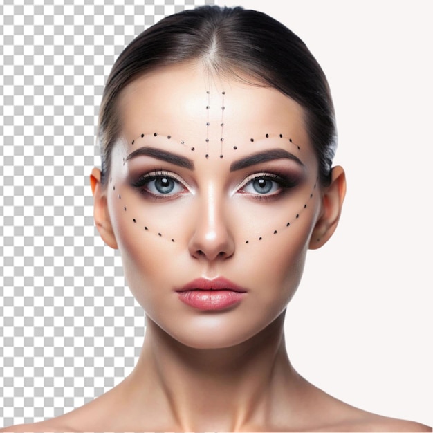 Woman with dotted lines on face on transparent background