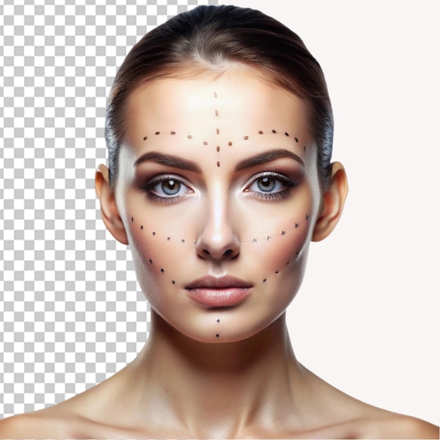 PSD woman with dotted lines on face on transparent background