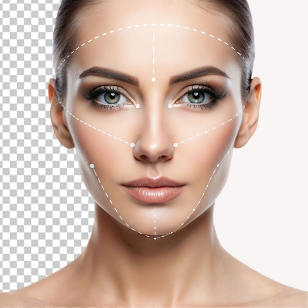 Woman with dotted lines on face on transparent background